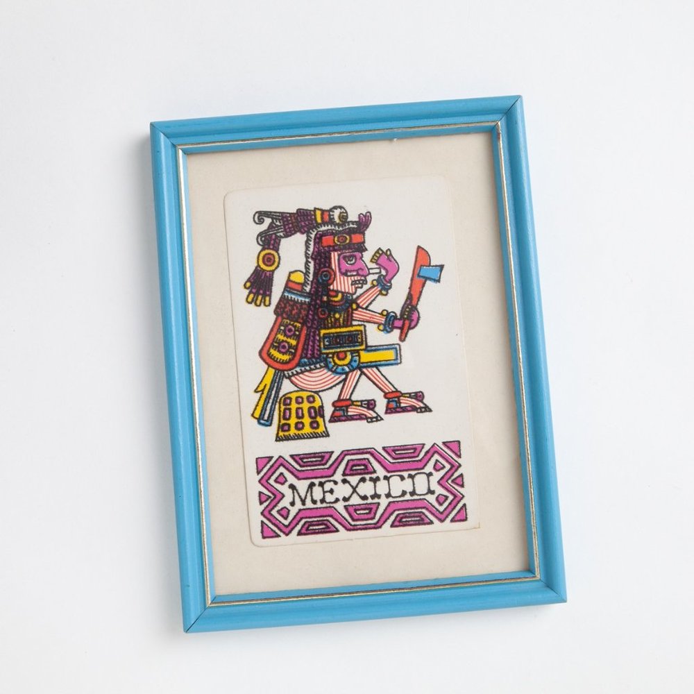 Vintage Small Blue Framed Colorful Mexico Print Postcard Wall Art Home Decor